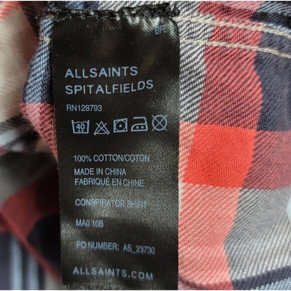 AllSaints Spitalfields Corduroy Patch‎ Shirt Men’s Size Medium Plaid Button Long - Picture 9 of 9
